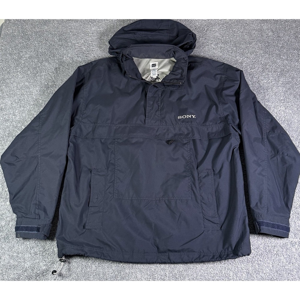Vintage Gap Anorak Jacket Mens L Navy Blue Hooded Pullover 1/2 Zip Up Sony Logo